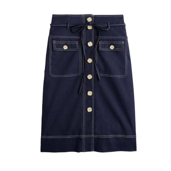 NWT JCrew Button Up Skirt Womens 8 T Tall Navy Blue Straight Stretch Linen NEW - Picture 14 of 15